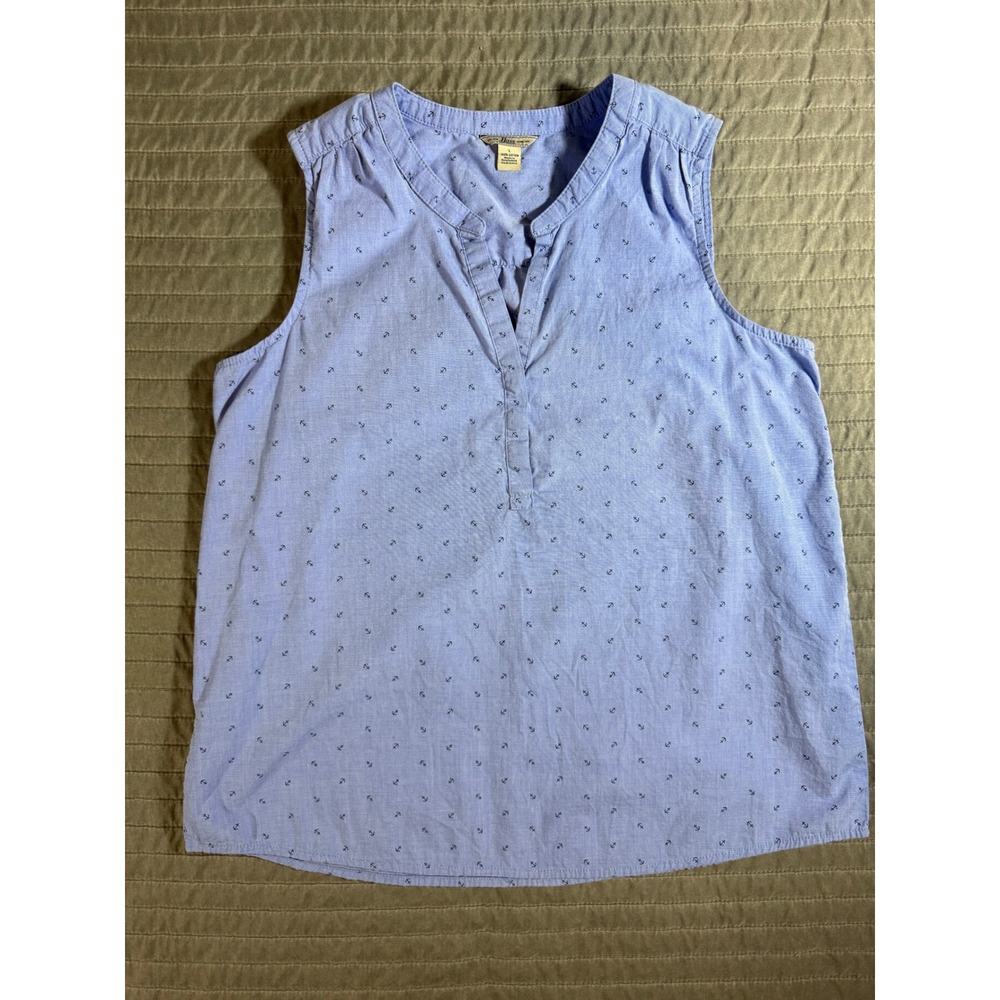 Bass Womens Blue Cotton‎ Anchor Print Sleeveless Split Neck Top Large RN69426
